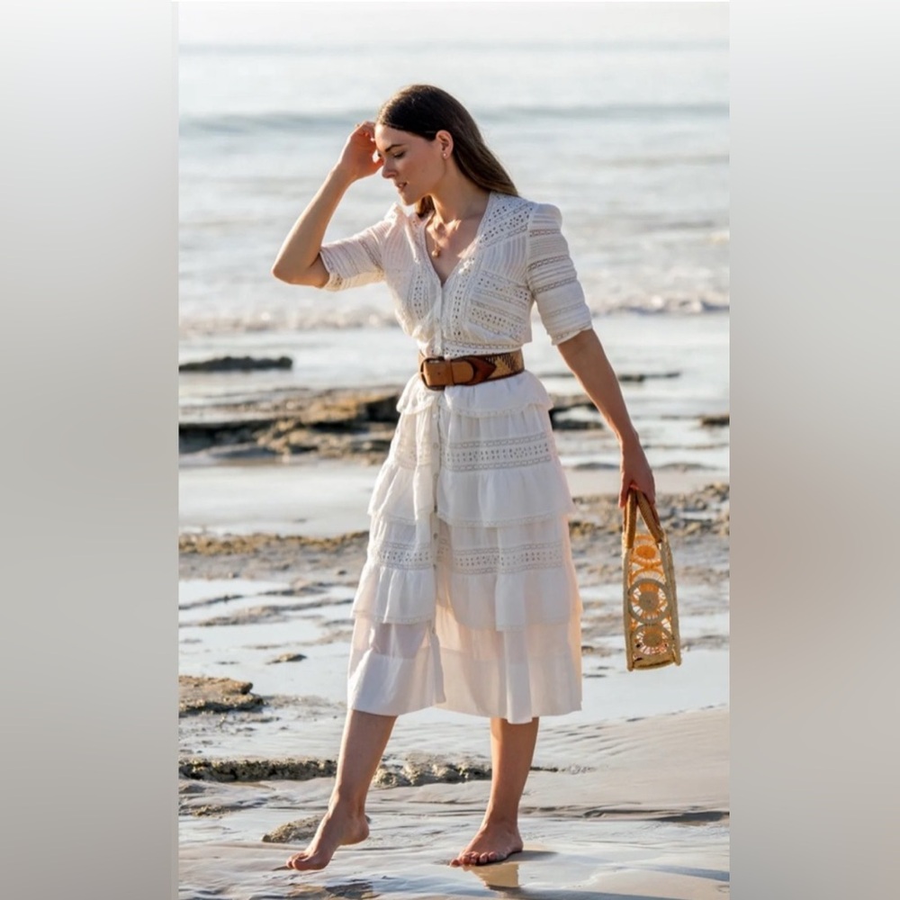 Beautiful LoveShackFancy Cream Tiered Ruffle Midi Dress w/ delicate Lace detail